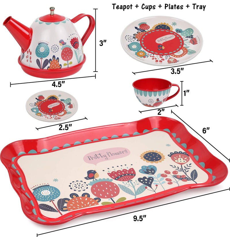 Kiddie Play Tea Set for Little Girls, Pretend Play Tea Party Set, Floral Design Kids Tin Tea Set with Carrying Case (15 Pcs) - Image 4